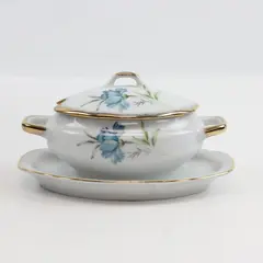 Vintage Porcelain Gravy Sauce Dish Lid Underplate Base Blue Floral Gold Trim