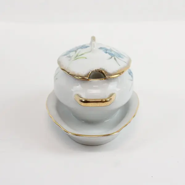 Vintage Porcelain Gravy Sauce Dish Lid Underplate Base Blue Floral Gold Trim