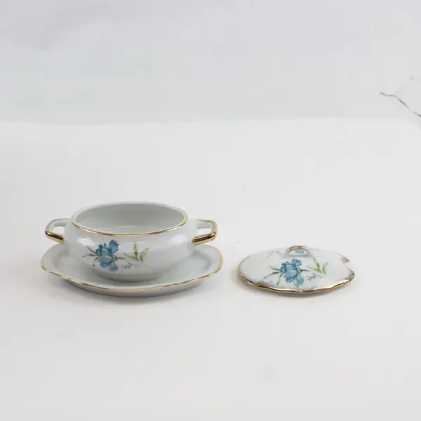 Vintage Porcelain Gravy Sauce Dish Lid Underplate Base Blue Floral Gold Trim