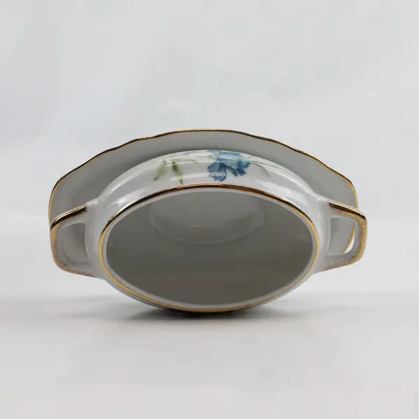 Vintage Porcelain Gravy Sauce Dish Lid Underplate Base Blue Floral Gold Trim