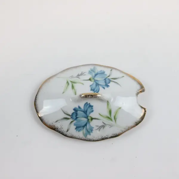 Vintage Porcelain Gravy Sauce Dish Lid Underplate Base Blue Floral Gold Trim