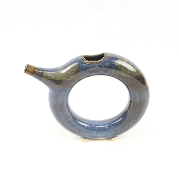Vintage Handmade Ceramic Ring Vessel Blue Dark Green Glaze Sculptural