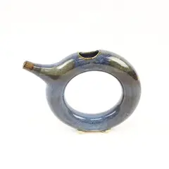 Vintage Handmade Ceramic Ring Vessel Blue Dark Green Glaze Sculptural