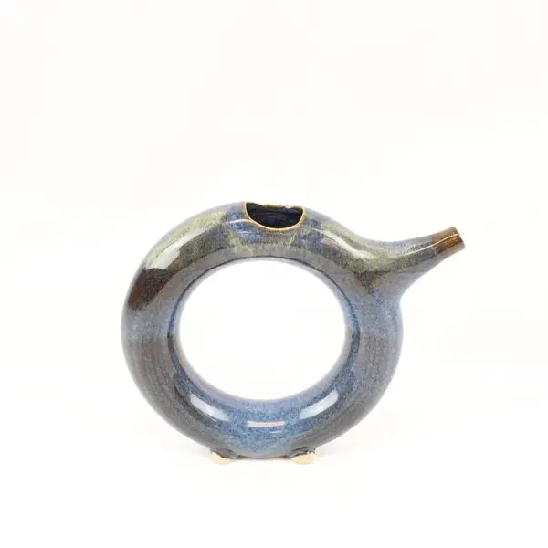 Vintage Handmade Ceramic Ring Vessel Blue Dark Green Glaze Sculptural