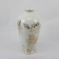 White Ceramic Decorative Tabletop Vase Gold Black Floral Motif 12in