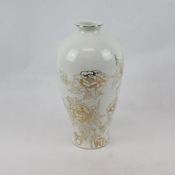 White Ceramic Decorative Tabletop Vase Gold Black Floral Motif 12in