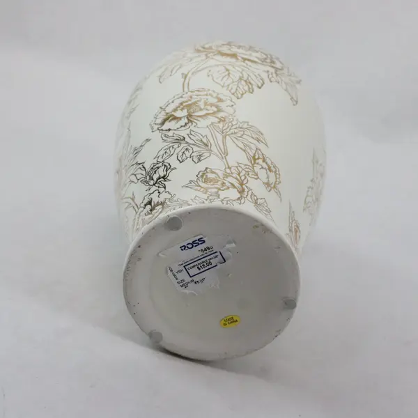 White Ceramic Decorative Tabletop Vase Gold Black Floral Motif 12in