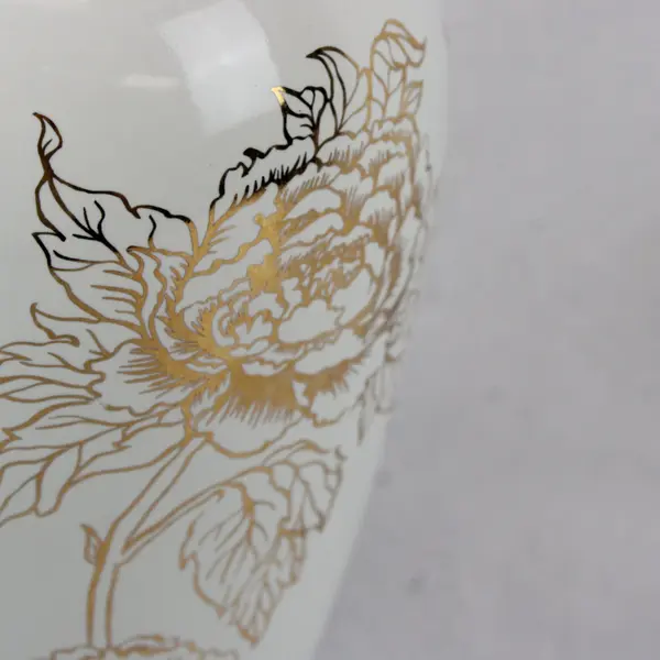 White Ceramic Decorative Tabletop Vase Gold Black Floral Motif 12in