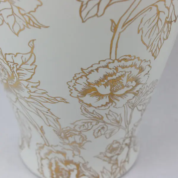 White Ceramic Decorative Tabletop Vase Gold Black Floral Motif 12in