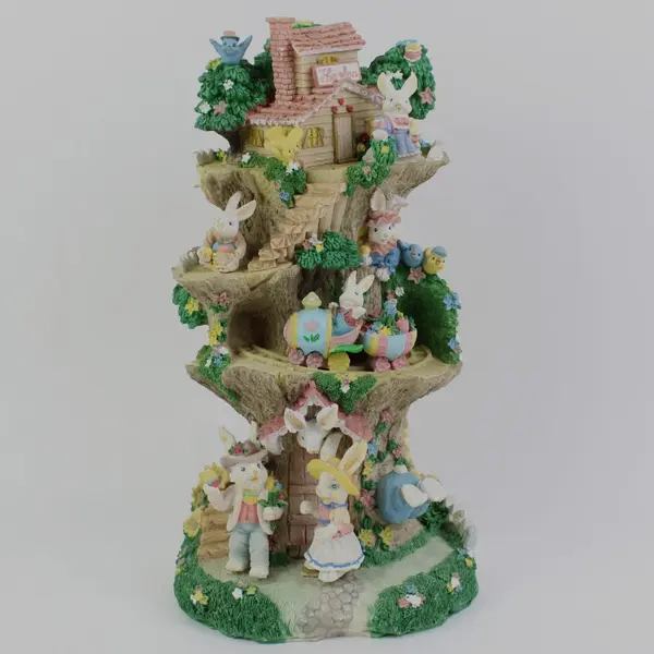 Vintage Easter Bunny Treehouse Multi-Tier Resin Figurine Display