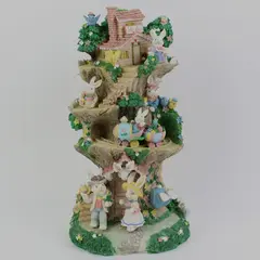 Vintage Easter Bunny Treehouse Multi-Tier Resin Figurine Display