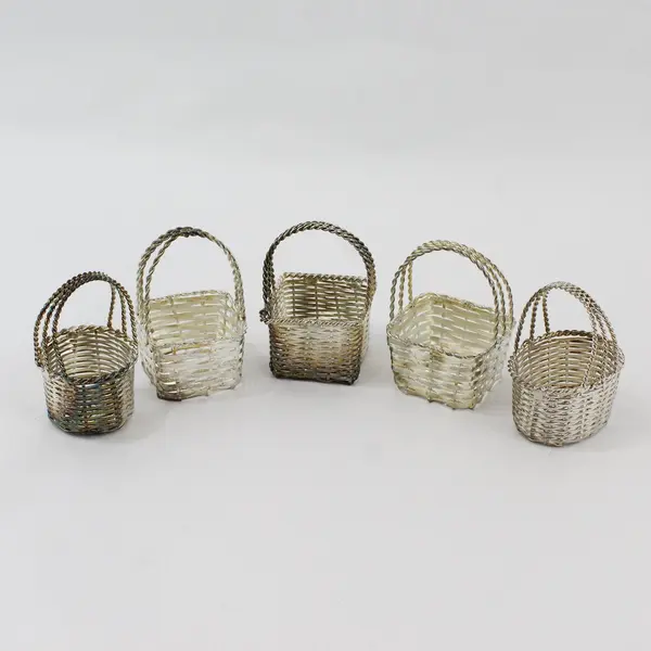 Lot of 5 Miniature Silver-Tone Metal Trinket Baskets 3.5"