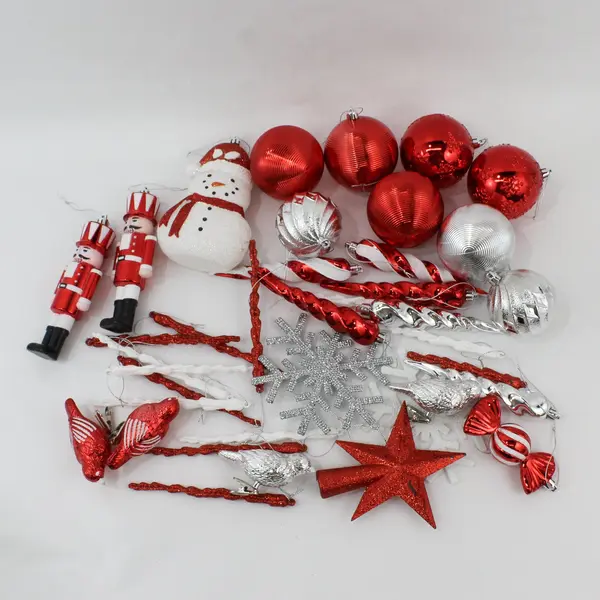 Lot of 38 Red Silver and White Plastic Christmas Ornaments