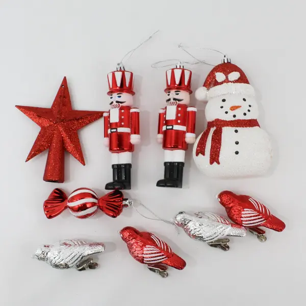 Lot of 38 Red Silver and White Plastic Christmas Ornaments