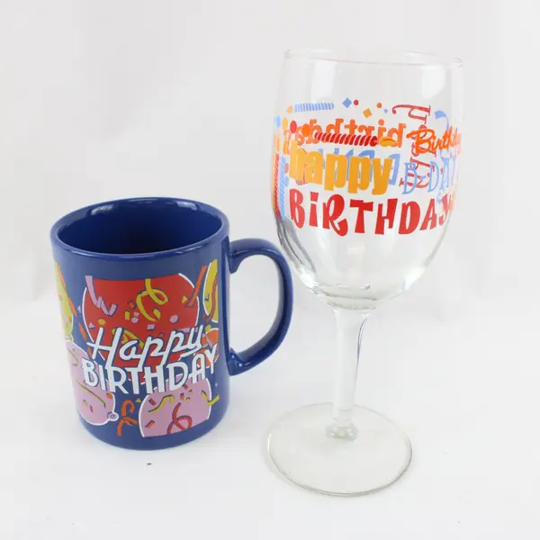 Lot of 2 Staffordshire Mug & Birthday Wine Glass Blue Ceramic
