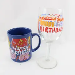 Lot of 2 Staffordshire Mug & Birthday Wine Glass Blue Ceramic