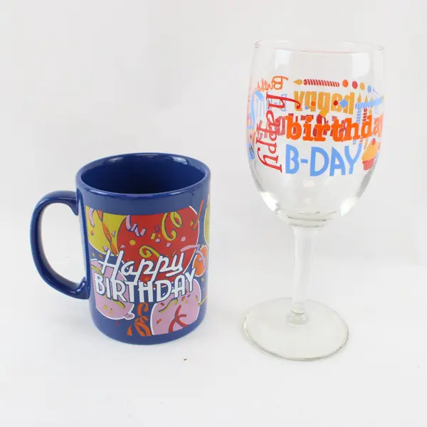 Lot of 2 Staffordshire Mug & Birthday Wine Glass Blue Ceramic