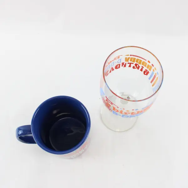 Lot of 2 Staffordshire Mug & Birthday Wine Glass Blue Ceramic