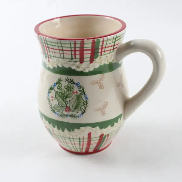 Harry & David Holiday Ceramic Mug Holly Wreath Red Green Plaid Christmas