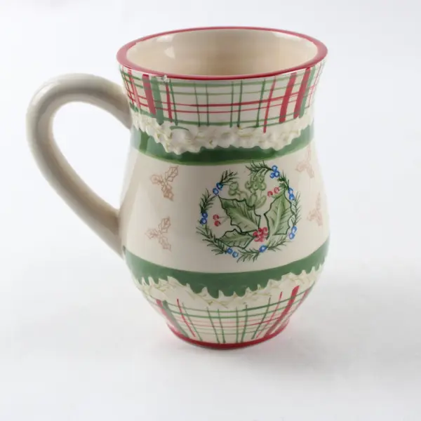 Harry & David Holiday Ceramic Mug Holly Wreath Red Green Plaid Christmas