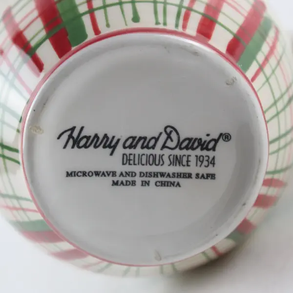 Harry & David Holiday Ceramic Mug Holly Wreath Red Green Plaid Christmas