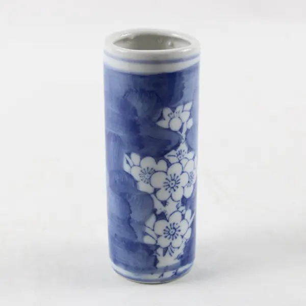 Vintage Blue White Porcelain Cylindrical Bud Vase Cherry Blossom 4in