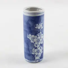 Vintage Blue White Porcelain Cylindrical Bud Vase Cherry Blossom 4in