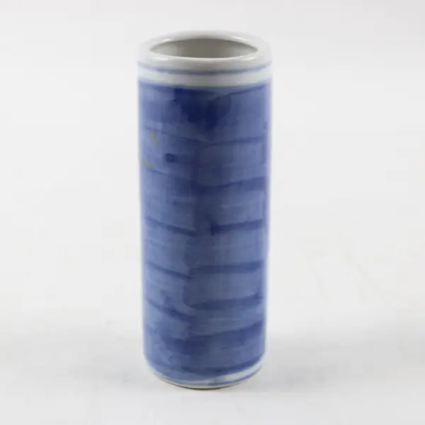 Vintage Blue White Porcelain Cylindrical Bud Vase Cherry Blossom 4in