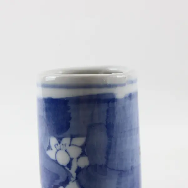 Vintage Blue White Porcelain Cylindrical Bud Vase Cherry Blossom 4in