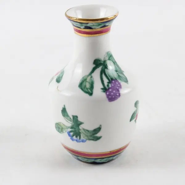 Vintage Miniature Porcelain Bud Vase Hand-Painted Berry Leaf Gold 4in
