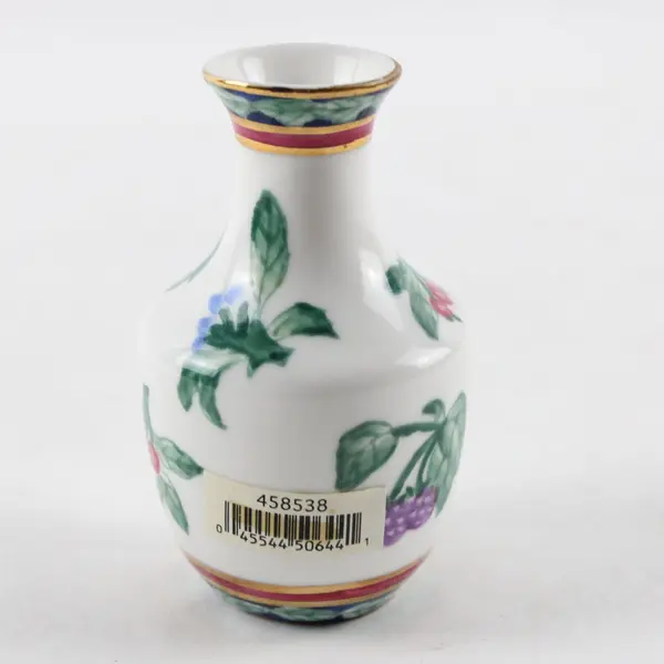 Vintage Miniature Porcelain Bud Vase Hand-Painted Berry Leaf Gold 4in