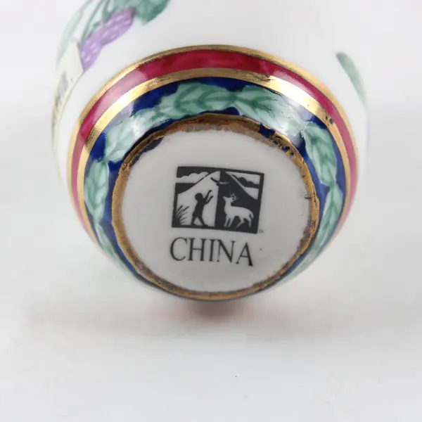 Vintage Miniature Porcelain Bud Vase Hand-Painted Berry Leaf Gold 4in