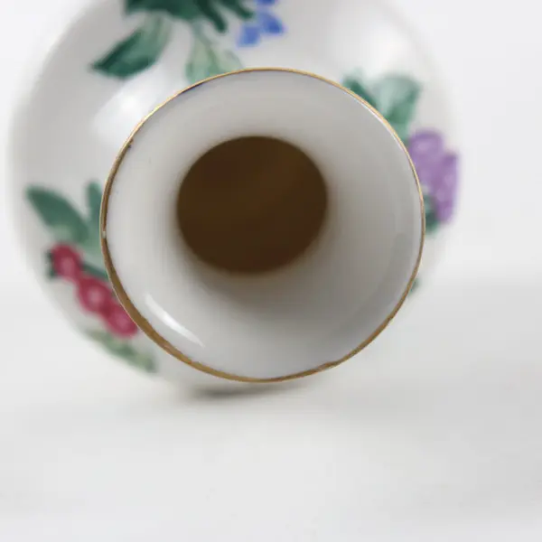 Vintage Miniature Porcelain Bud Vase Hand-Painted Berry Leaf Gold 4in