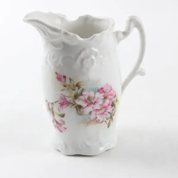 Vintage White Porcelain Creamer Pitcher Embossed Scrollwork Pink Transfer Print