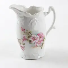 Vintage White Porcelain Creamer Pitcher Embossed Scrollwork Pink Transfer Print