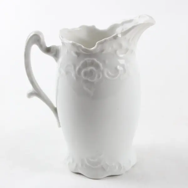 Vintage White Porcelain Creamer Pitcher Embossed Scrollwork Pink Transfer Print