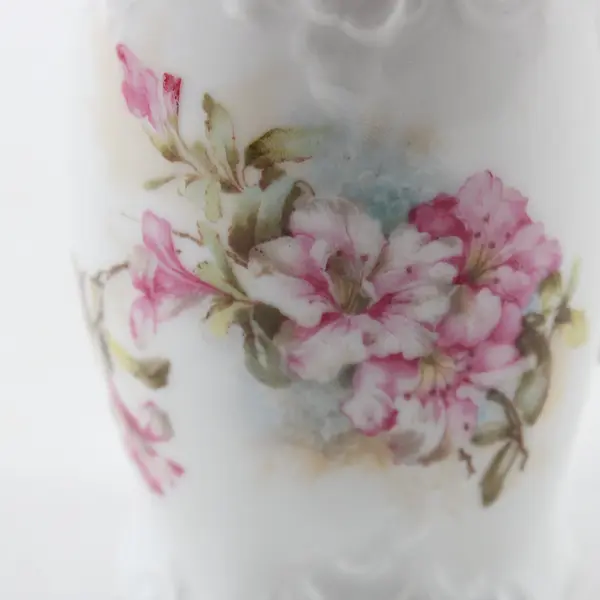 Vintage White Porcelain Creamer Pitcher Embossed Scrollwork Pink Transfer Print
