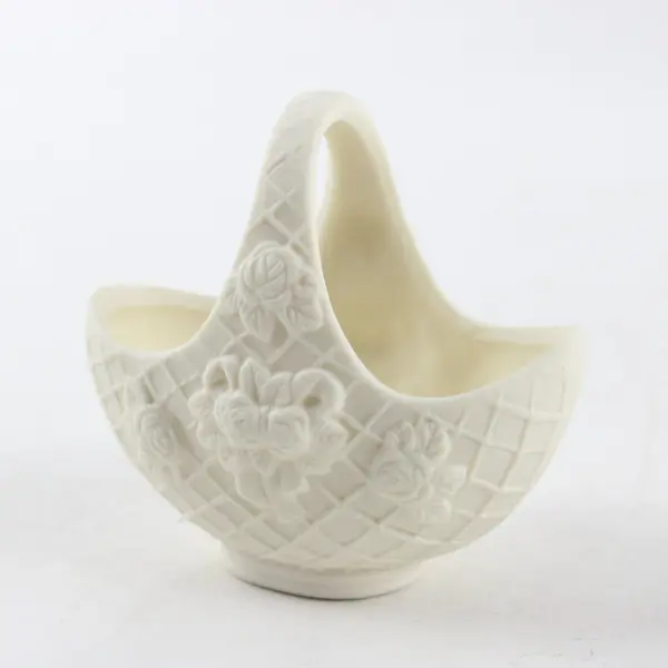 Unglazed Ceramic Bisque Basket Woven Lattice Rose Motif 