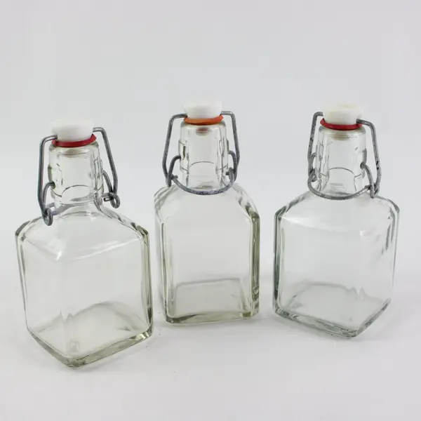 Lot of 3 Bormioli Rocco Clear Square Glass Swing Top Bottles White Stoppers