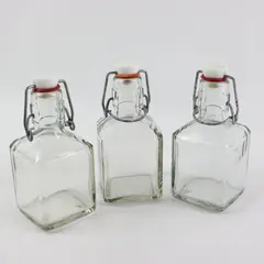 Lot of 3 Bormioli Rocco Clear Square Glass Swing Top Bottles White Stoppers