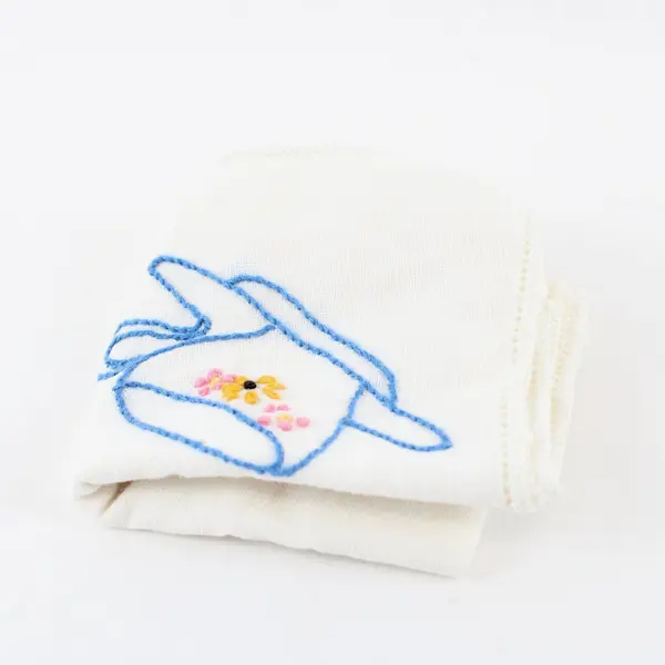 Vintage White Cotton Hand Embroidered Teacup Napkin Handkerchief