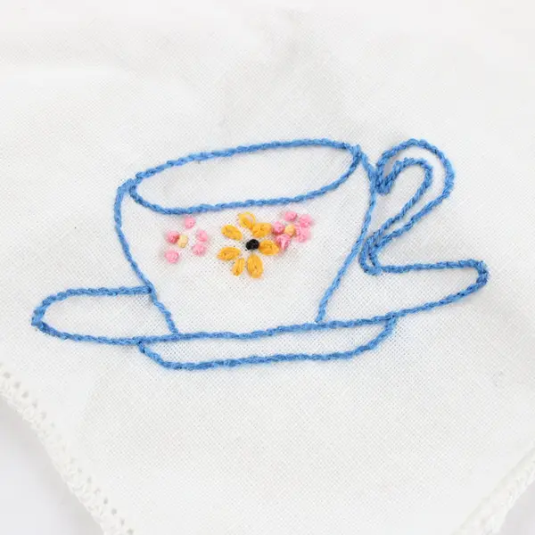Vintage White Cotton Hand Embroidered Teacup Napkin Handkerchief