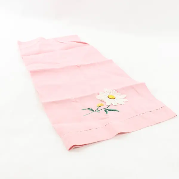 Vintage Pink Embroidered Daisy Linen Fingertip Towel Napkin
