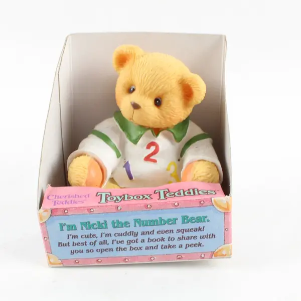 Vintage 1998 Enesco Cherished Teddies Nicki Number Bear Squeak Toy 3in