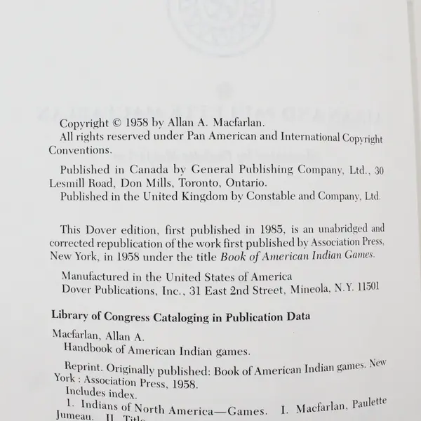 Handbook of American Indian Games (Native American) by Allan/Paulette Macfarlan