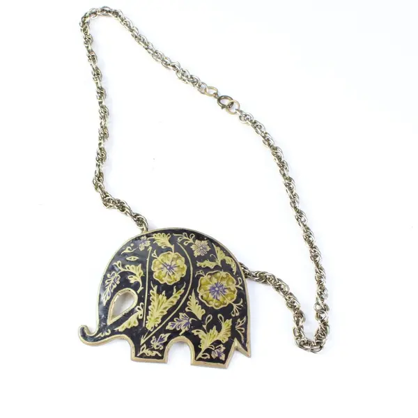 Vintage (1970's) Black/Gold Cloisonne Enamel Elephant Pendant Necklace, India 
