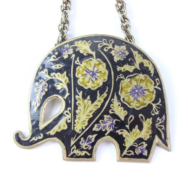 Vintage (1970's) Black/Gold Cloisonne Enamel Elephant Pendant Necklace, India 