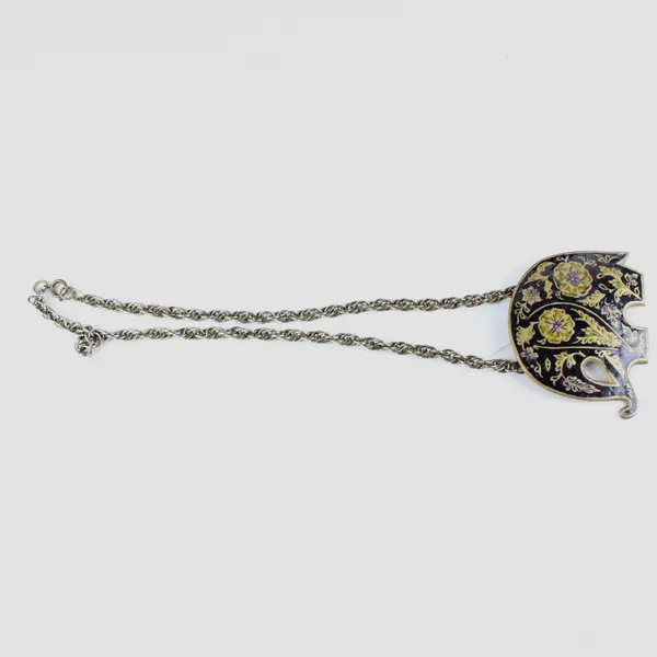 Vintage (1970's) Black/Gold Cloisonne Enamel Elephant Pendant Necklace, India 