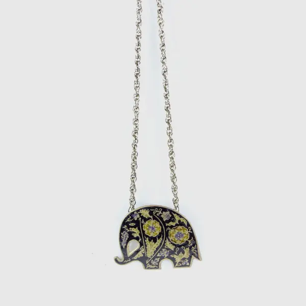 Vintage (1970's) Black/Gold Cloisonne Enamel Elephant Pendant Necklace, India 