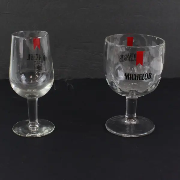Lot of 2 Vintage Michelob Beer Drink Glasses Stemmed, Red Banner Logo 